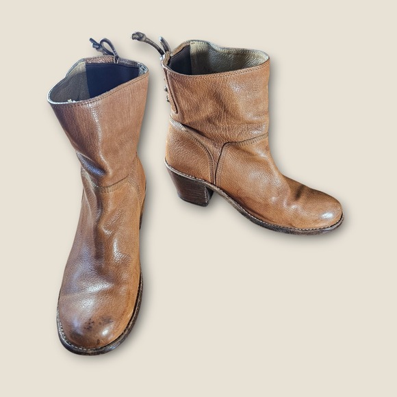 Frye Shoes - Frye Carmen Leather Boots Back Lace Up Block Heel Brown Ankle Booties Womens 7.5